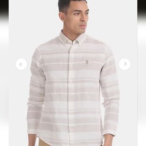 Men's US Polo ASSN Linen Cotton Beige Striped Button Down Longsleeve Shirt Small